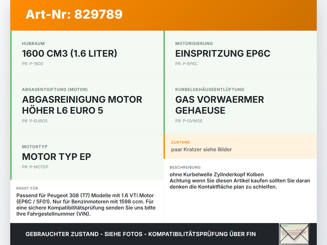 Peugeot 308 I CC T7 07-11 VTi 1,6 88KW 5F01 EP6C Motorblock für Motor Peugeot 308 I CC T7 07-11 05.08.2009 gebraucht Vorschau 3