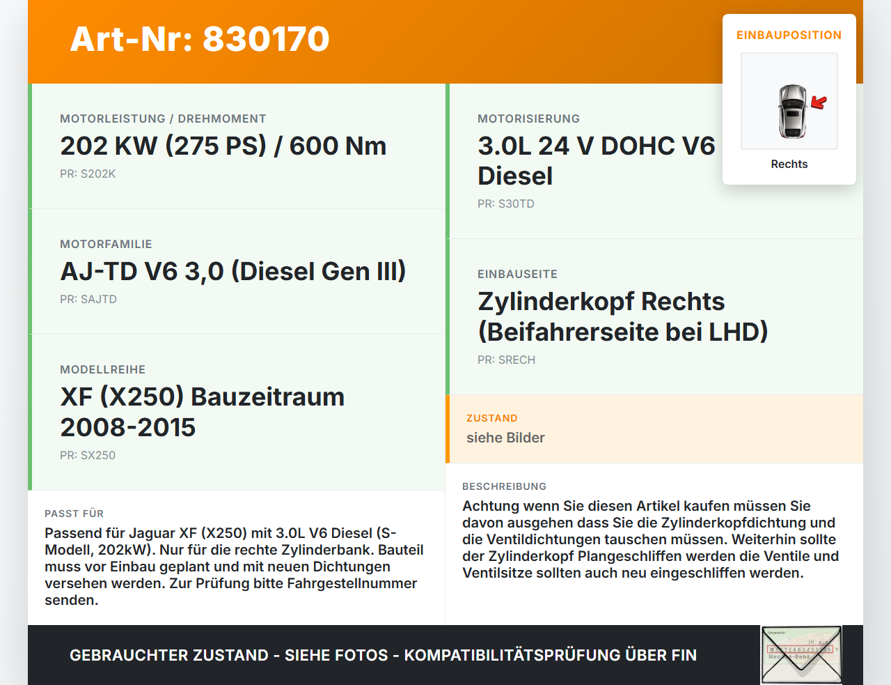 Jaguar XF X250 08-11 Deisel 3,0d 202KW AJ-TD30 Zylinderkopf Rechts Jaguar XF X250 08-11 30.03.2010 C2D3613 gebraucht Vorschau 3