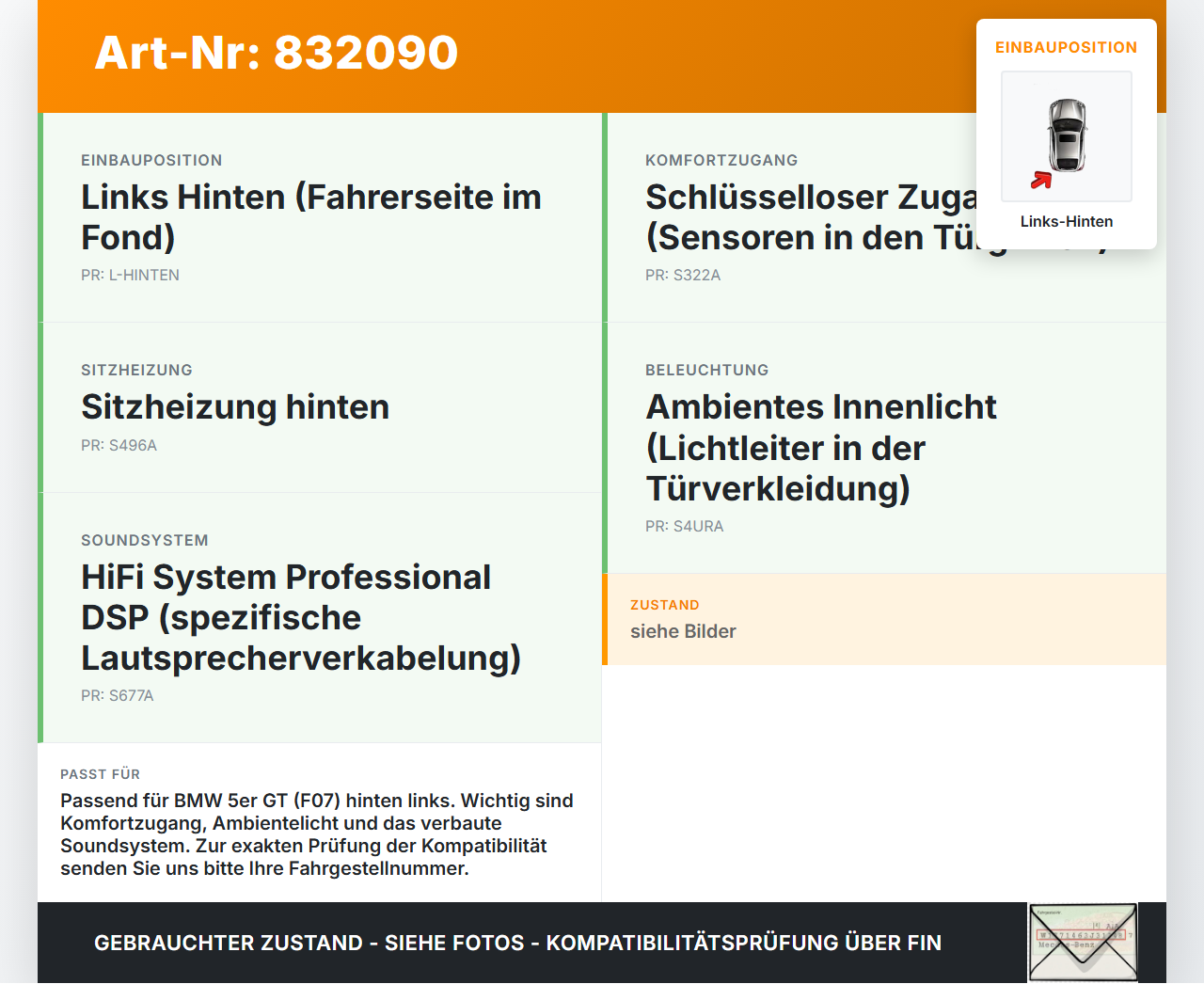 BMW F07 5er GT 535i 09-13 Kabelbaum für Tür und Fensterheber Links Hinten BMW F07 5er GT 535i 09-13 28.02.2012... Vorschau 3