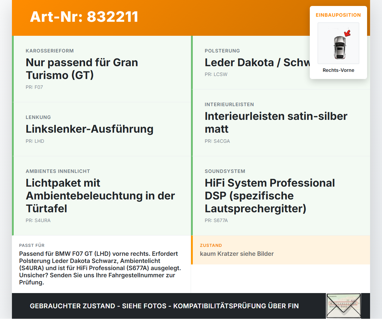 BMW F07 5er GT 535i 09-13 Türverkleidung Türpappe Rechts Vorne BMW F07 5er GT 535i 09-13 28.02.2012 5141-7260618... Vorschau 3