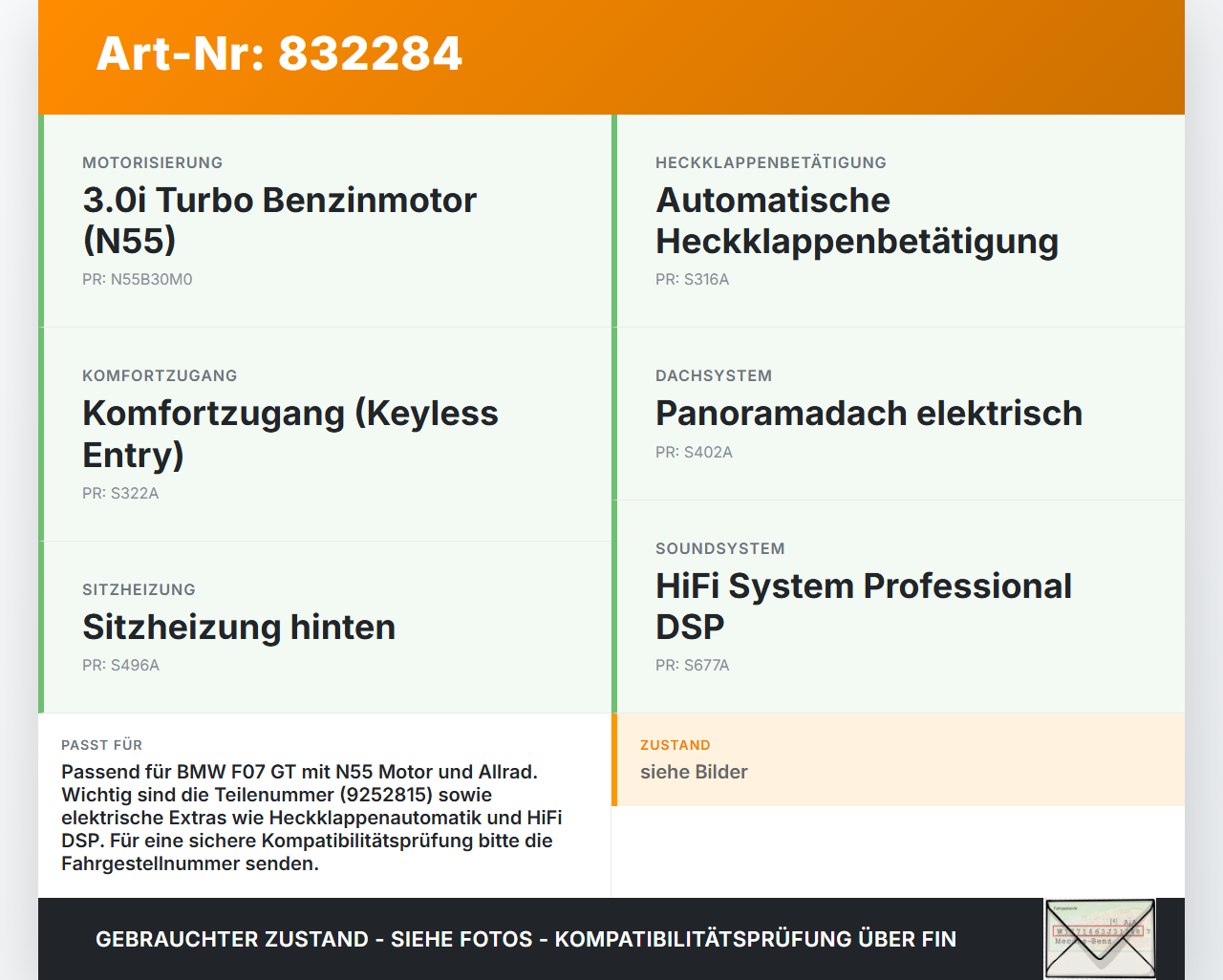 BMW F07 5er GT 535i 09-13 3,0i 225KW Sicherungskasten Zentralelektrik BMW F07 5er GT 535i 09-13 28.02.2012... Vorschau 3