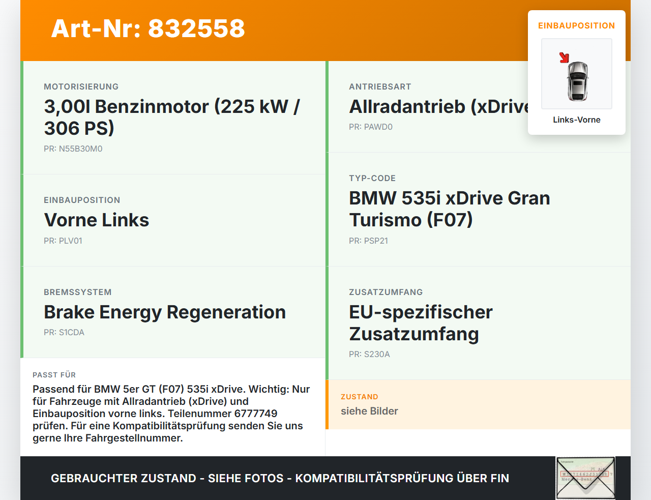 BMW F07 5er GT 535i 09-13 3,0i 225KW Achsschenkel Radnabe mit ABS Links Vorne BMW F07 5er GT 535i 09-13 28.02.2012... Vorschau 3