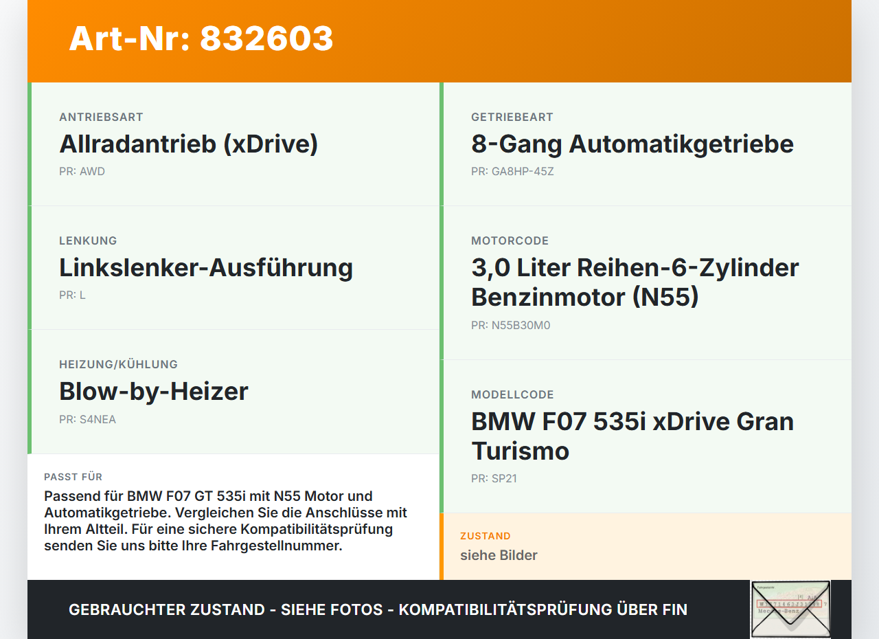 BMW F07 5er GT 535i 09-13 3,0i 225KW Ölkühler BMW F07 5er GT 535i 09-13 28.02.2012 7525333 11427525333 gebraucht Vorschau 3