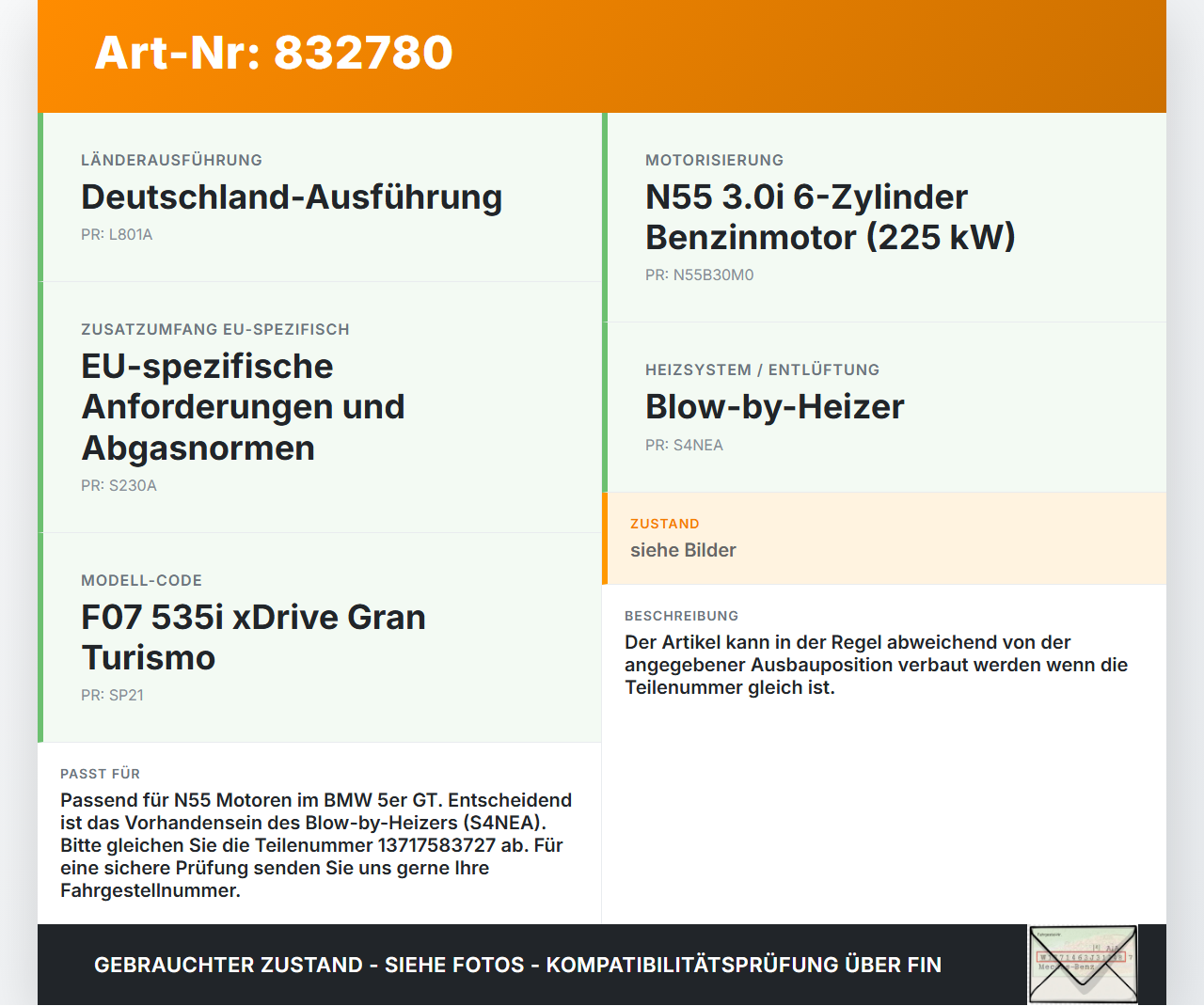 BMW F07 5er GT 535i 09-13 3,0i 225KW Ansaugrohr Ladeluftschlauch Luftschlauch Pos.4 BMW F07 5er GT 535i 09-13... Vorschau 3