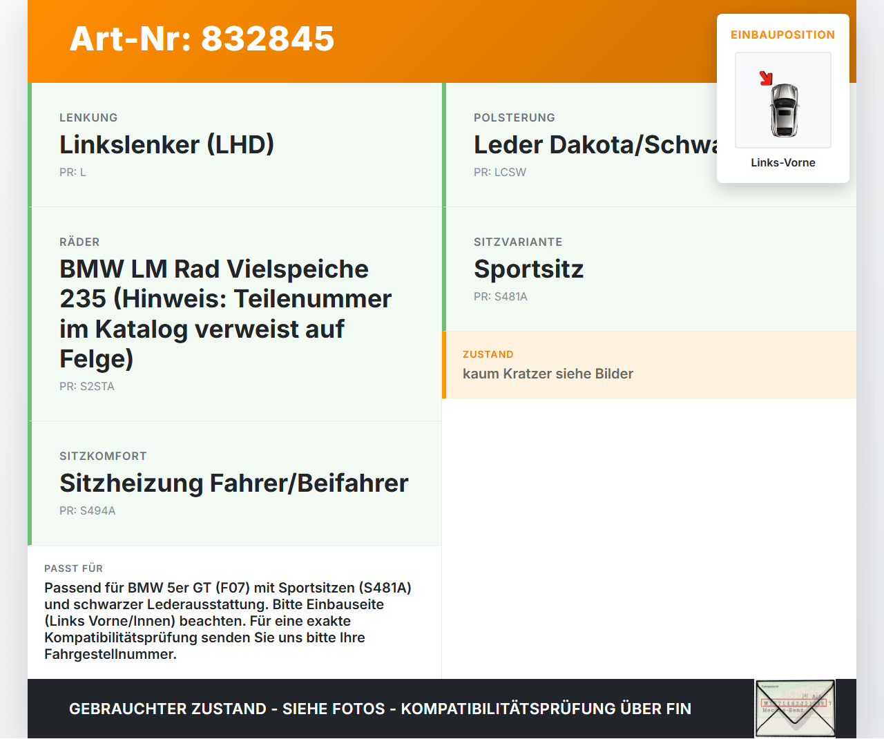BMW F07 5er GT 535i 09-13 Blende Innen Rückenblende für Sitz Links Vorne BMW F07 5er GT 535i 09-13 28.02.2012... Vorschau 3