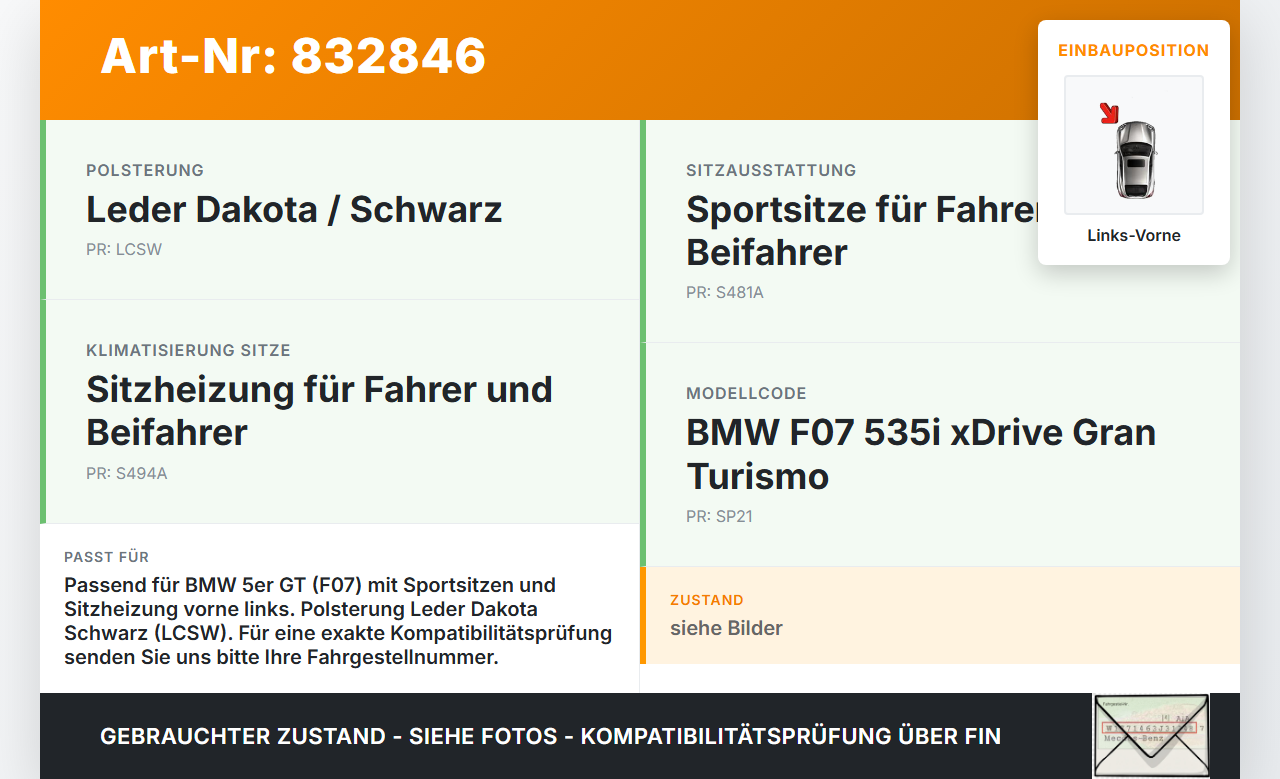 BMW F07 5er GT 535i 09-13 Sitzbezug Sitzpolster für Fahrersitz Sitz Links Vorne beheizt BMW F07 5er GT 535i 09-13... Vorschau 3