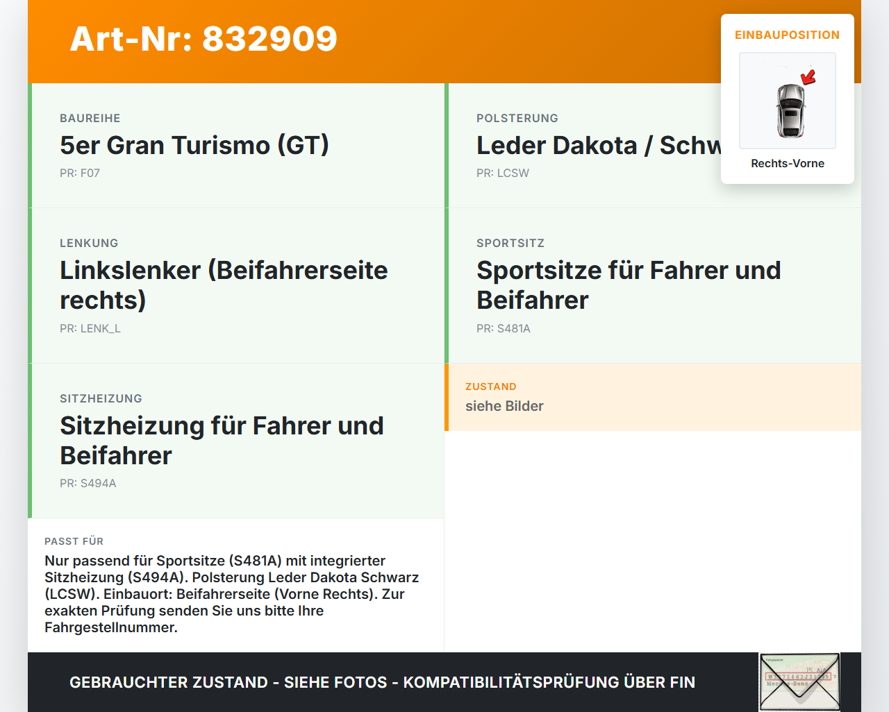 BMW F07 5er GT 535i 09-13 Sitzbezug Rückenpolster Rechts Vorne für Beifahrer Sitz SRS beheizt BMW F07 5er GT 535i... Vorschau 3