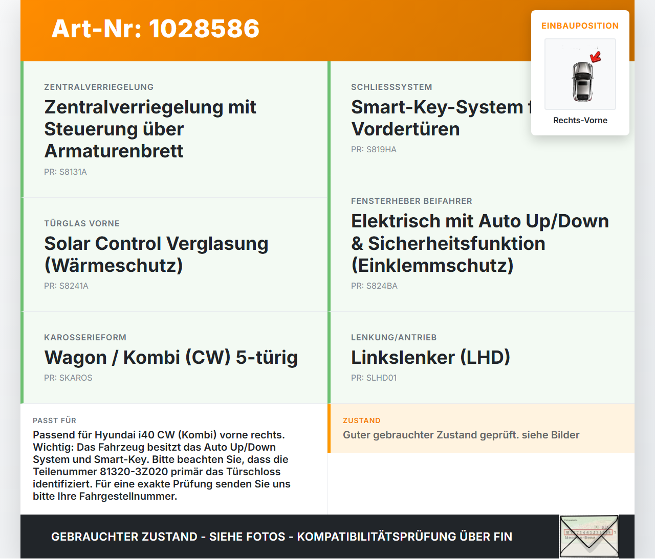 Hyundai I40 CW 11-15 Kombi Fensterheber o. FH-Motor Rechts Vorne Hyundai I40 CW 11-15 11.12.2014 81320-3Z020 gebraucht Vorschau 3