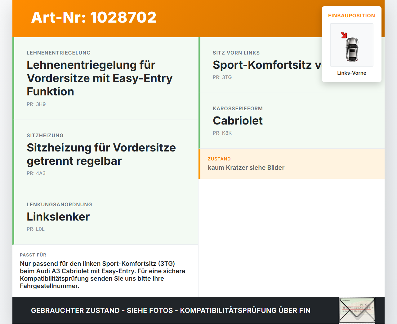 Audi A3 8P 08-10 Blende Innen Auflage Rückenteil für Fahrer Sitz Links Vorne Audi A3 8P 08-10 27.04.2009 8P0881969B... Vorschau 3