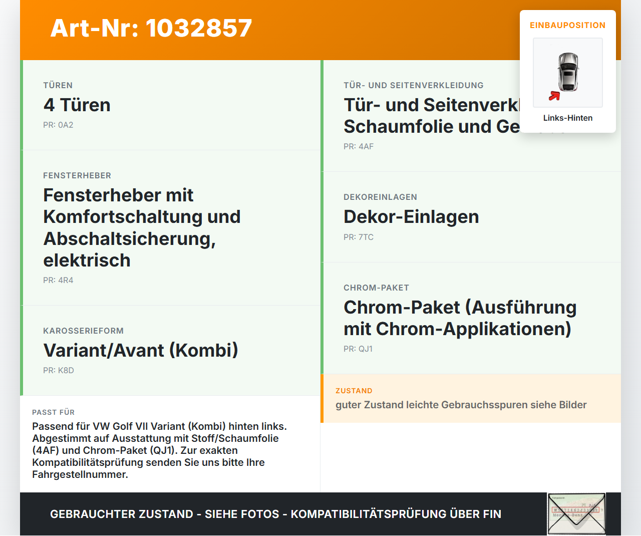 VW Golf VII 7 Variant 13-17 Kombi Türverkleidung Türpappe Links Hinten VW Golf VII 7 Variant 13-17 09.05.2016... Vorschau 3