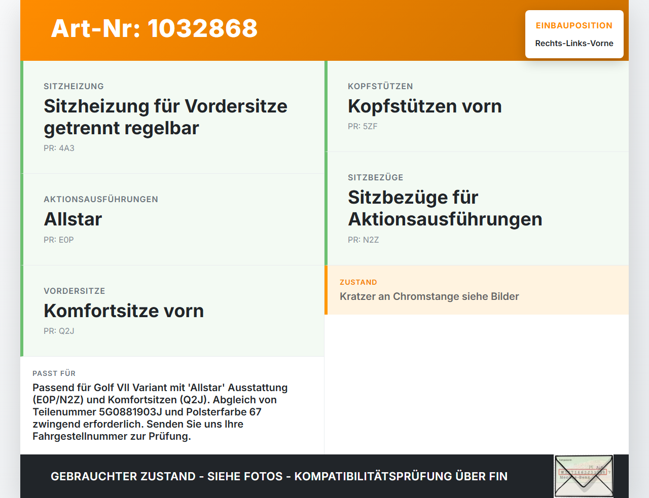 VW Golf VII 7 Variant 13-17 Kopfstütze für Fahrer Sitz Rechts oder Links Vorne VW Golf VII 7 Variant 13-17... Vorschau 3