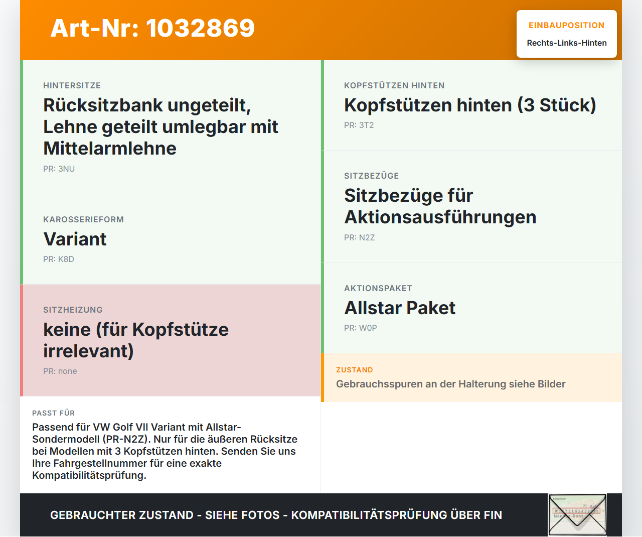 VW Golf VII 7 Variant 13-17 Kopfstütze Rechts oder Links Hinten VW Golf VII 7 Variant 13-17 09.05.2016 5G0885901AC... Vorschau 3