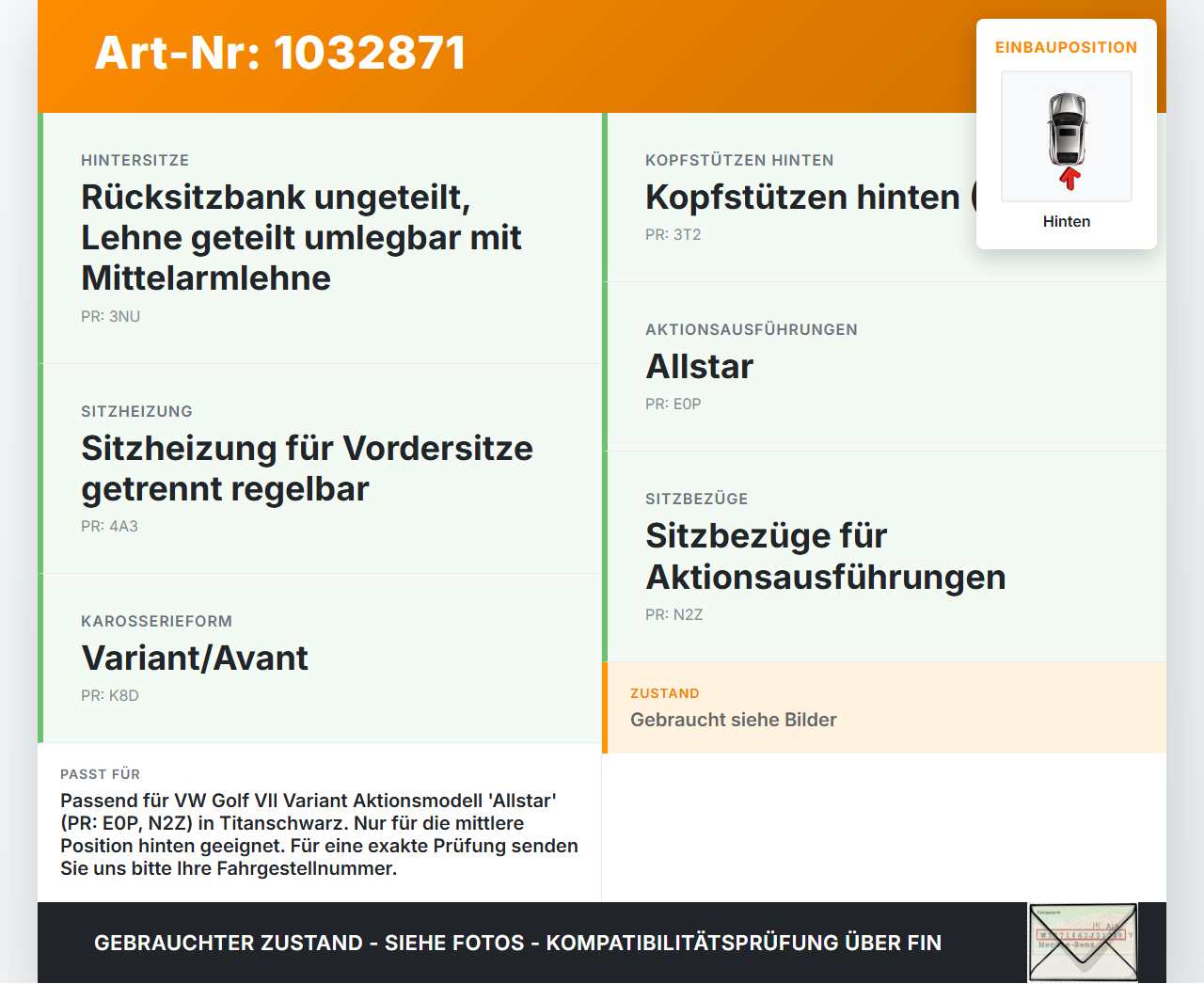 VW Golf VII 7 Variant 13-17 Kopfstütze Mitte Hinten VW Golf VII 7 Variant 13-17 09.05.2016 5G0885902P gebraucht Vorschau 3