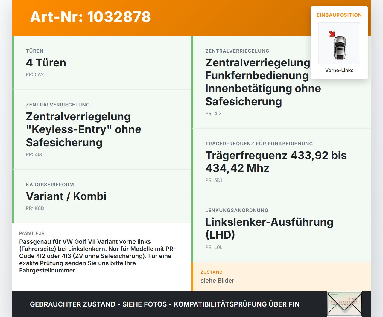 VW Golf VII 7 Variant 13-17 Kombi Türschloss Stellmotor ZV Schloss Vorne Links VW Golf VII 7 Variant 13-17... Vorschau 3