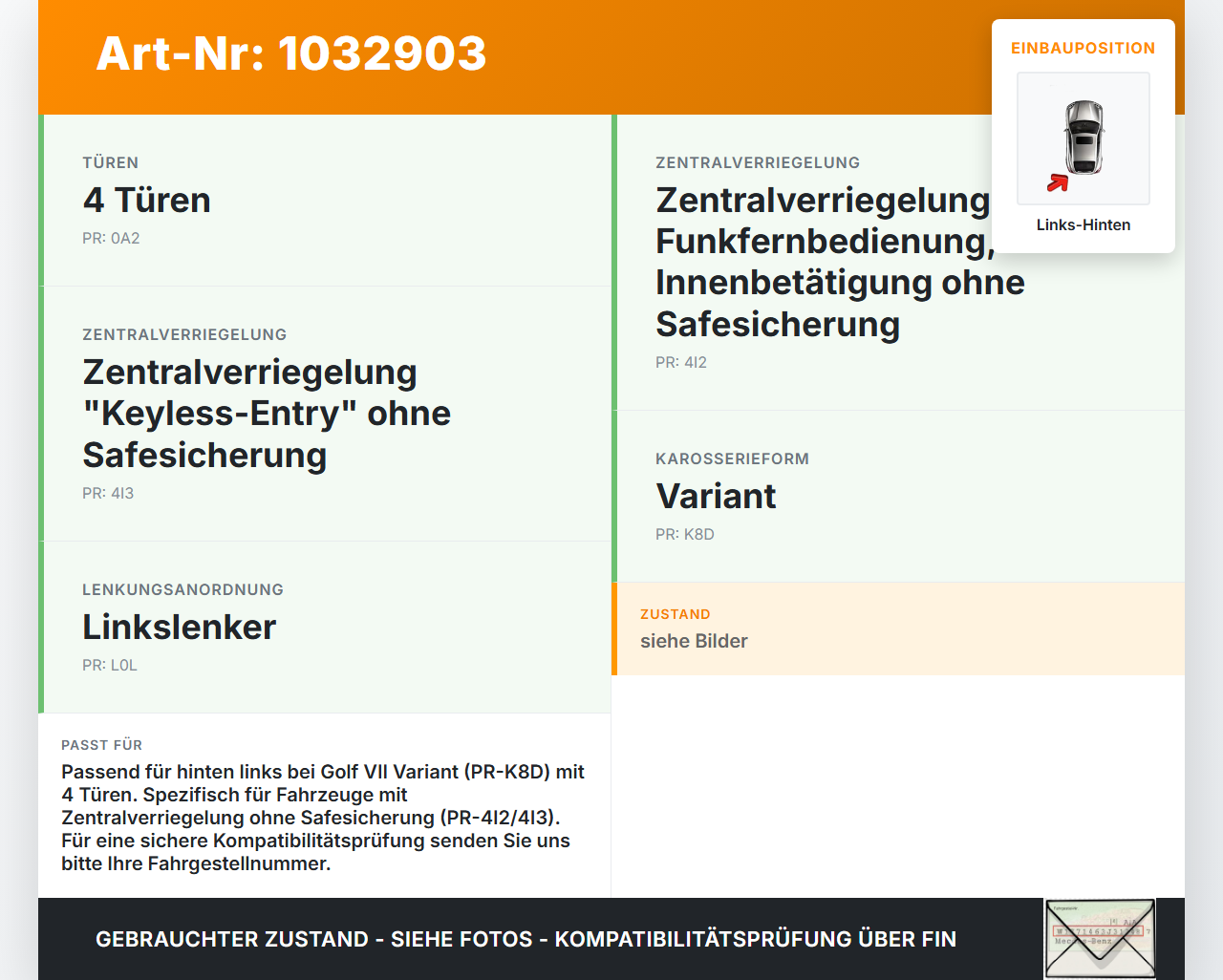VW Golf VII 7 Variant 13-17 Kombi Türschloss m. ZV Stellmotor Links Hinten VW Golf VII 7 Variant 13-17 09.05.2016... Vorschau 3
