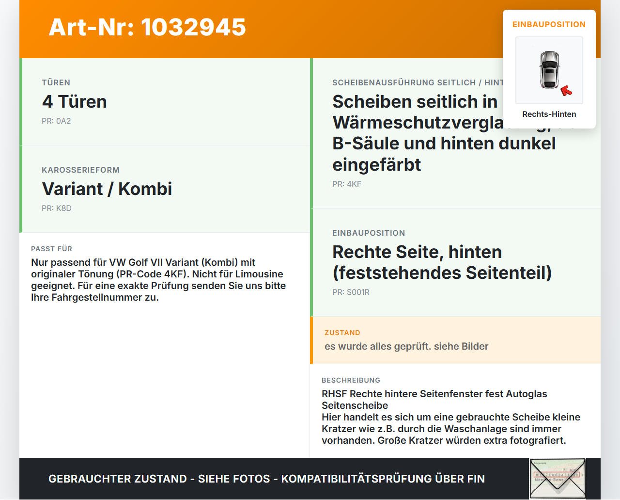 VW Golf VII 7 Variant 13-17 Kombi Seitenscheibe Feste Scheibe Rechts Hinten Orig. getönt VW Golf VII 7 Variant... Vorschau 3