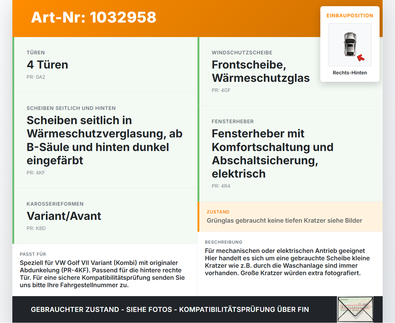 VW Golf VII 7 Variant 13-17 Kombi Seitenscheibe RHK Türscheibe Rechts Hinten Orig. getönt VW Golf VII 7 Variant... Vorschau 3