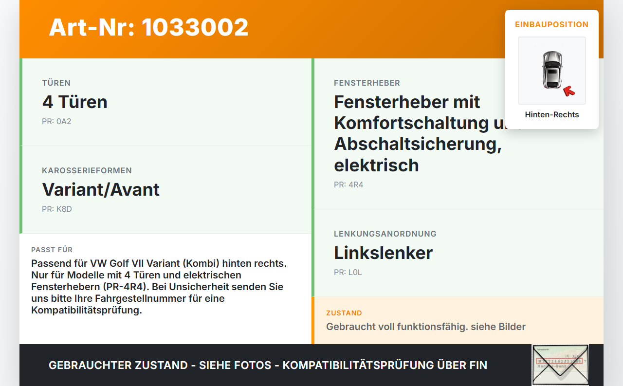 VW Golf VII 7 Variant 13-17 Kombi Fensterheber o. FH-Motor Volkswagen Hinten Rechts VW Golf VII 7 Variant 13-17... Vorschau 3