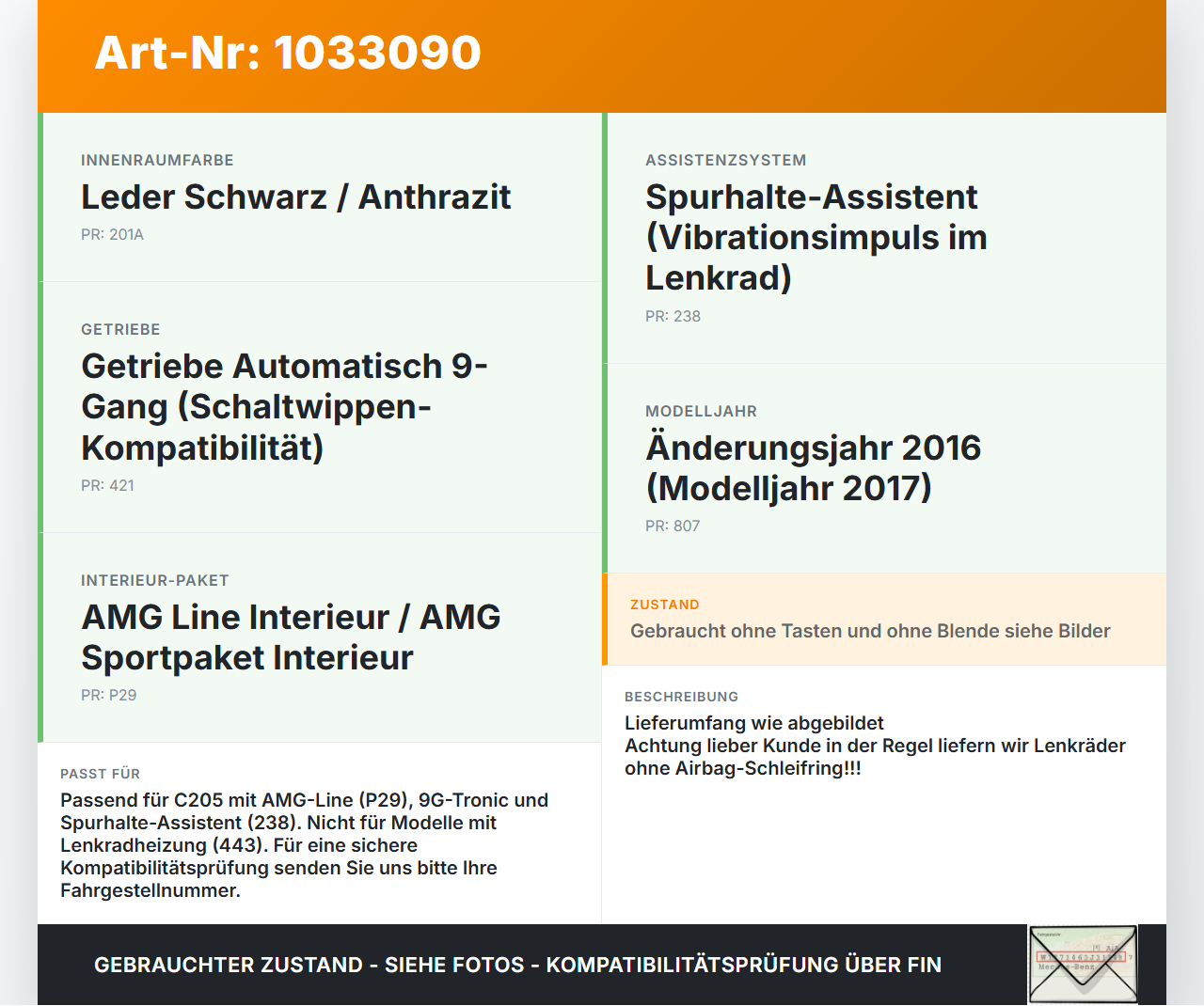 Mercedes C205 C400 15-18 Lenkrad ohne Airbag Schwarz Leder Mercedes C205 C400 15-18 04.05.2017 A0004604003... Vorschau 3