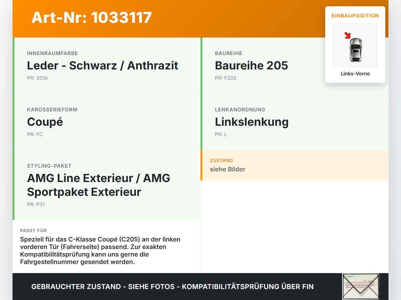 Mercedes C205 C400 15-18 Coupe Dichtung für Rahmen Tür Links Vorne Mercedes C205 C400 15-18 04.05.2017 A2057208506... Vorschau 3