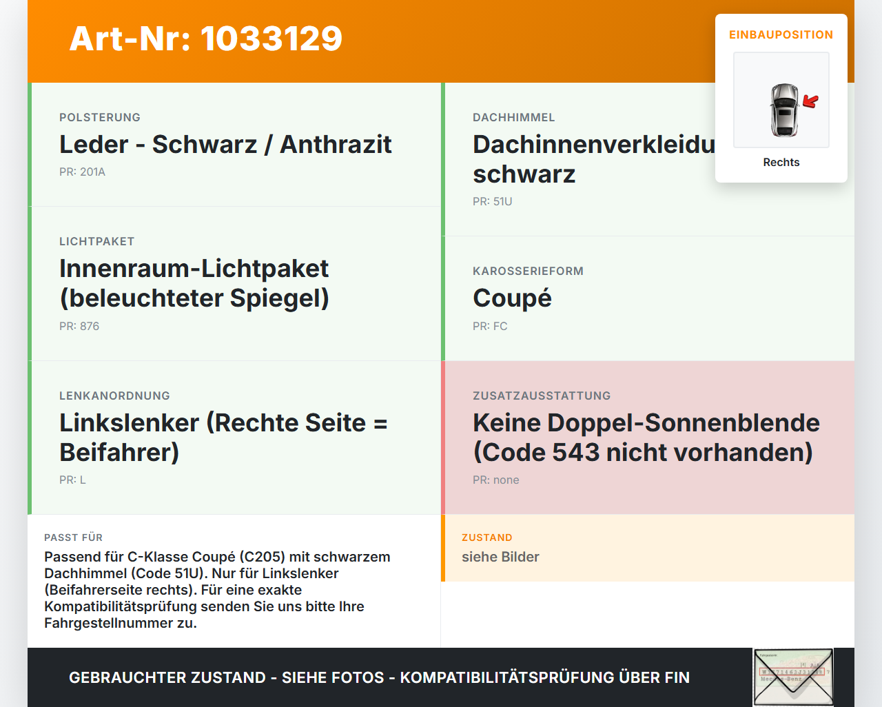 Mercedes C205 C400 15-18 Sonnenblende Rechts für Beifahrer Mercedes C205 C400 15-18 04.05.2017 A2058108404 gebraucht Vorschau 3