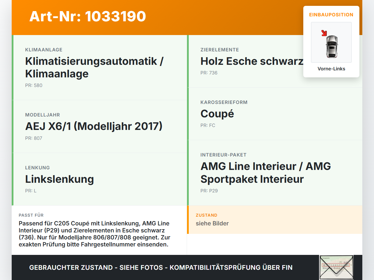 Mercedes C205 C400 15-18 Luftdusche Luftdüse Mitte Vorne Links Mercedes C205 C400 15-18 04.05.2017 A2058300301... Vorschau 3