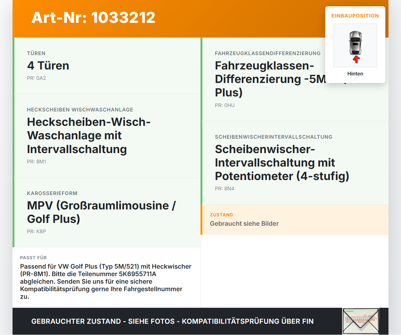 VW Golf Plus 5M 08-14 Wischermotor Hinten Heckwischermotor VW Golf Plus 5M 08-14 24.07.2009 5K6955711A 0390201826... Vorschau 3