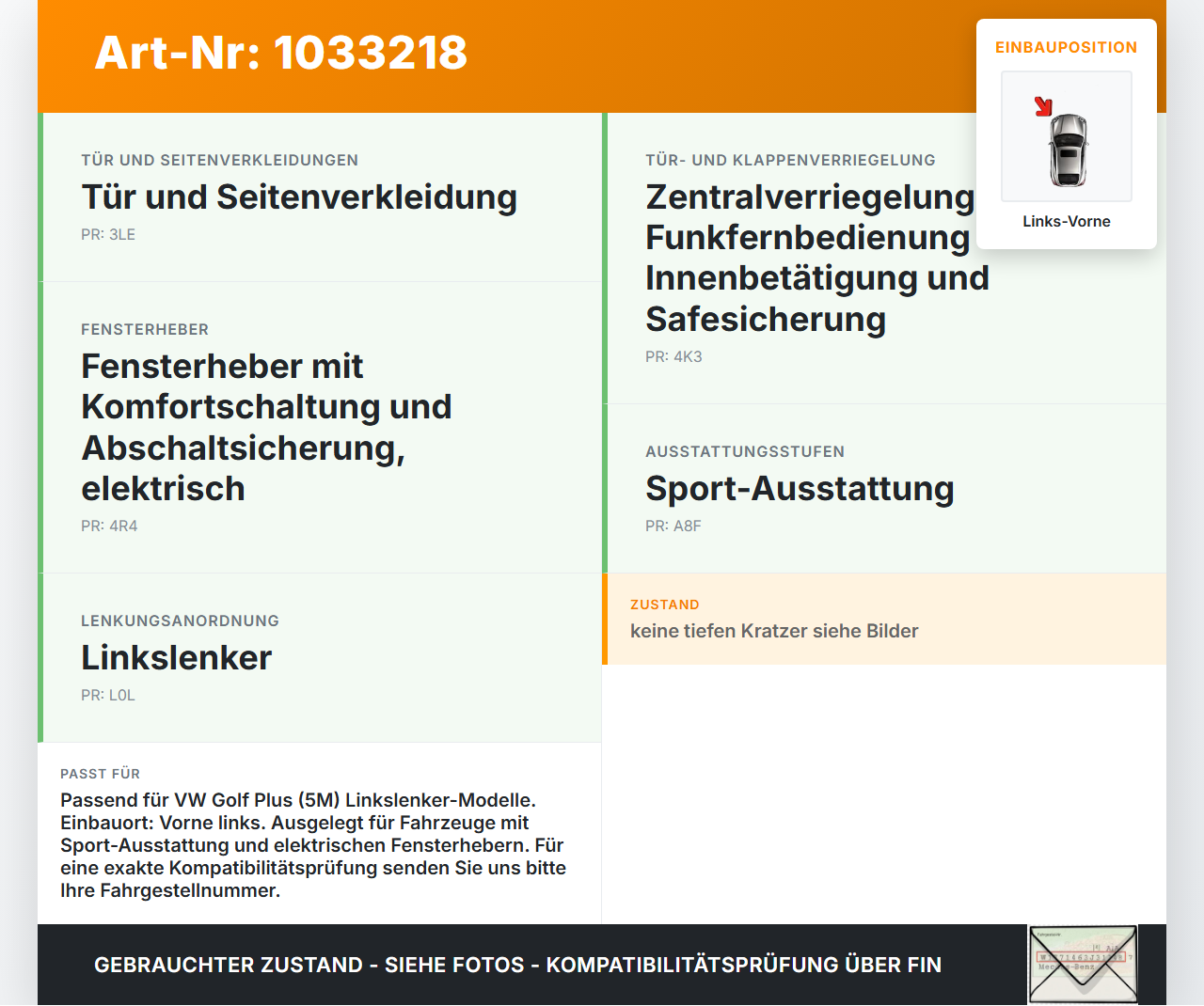 VW Golf Plus 5M 08-14 Türgriff Griff Griffmuschel Innen Links Vorne VW Golf Plus 5M 08-14 24.07.2009 5M0837197 gebraucht Vorschau 3