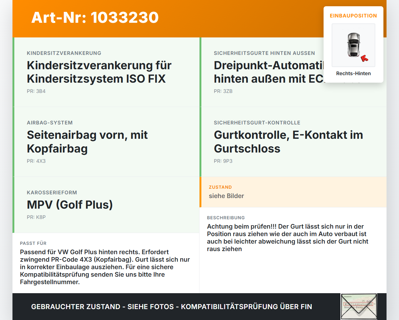 VW Golf Plus 5M 08-14 Gurt Sicherheitsgurt Rechts Hinten VW Golf Plus 5M 08-14 24.07.2009 5M0857806 34052114 gebraucht Vorschau 3