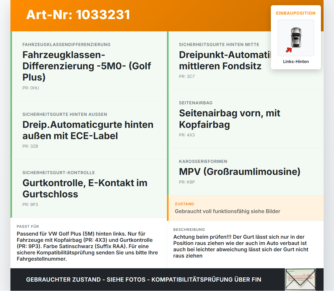 VW Golf Plus 5M 08-14 Gurt Sicherheitsgurt Links Hinten VW Golf Plus 5M 08-14 24.07.2009 5M0857805 34052115... Vorschau 3