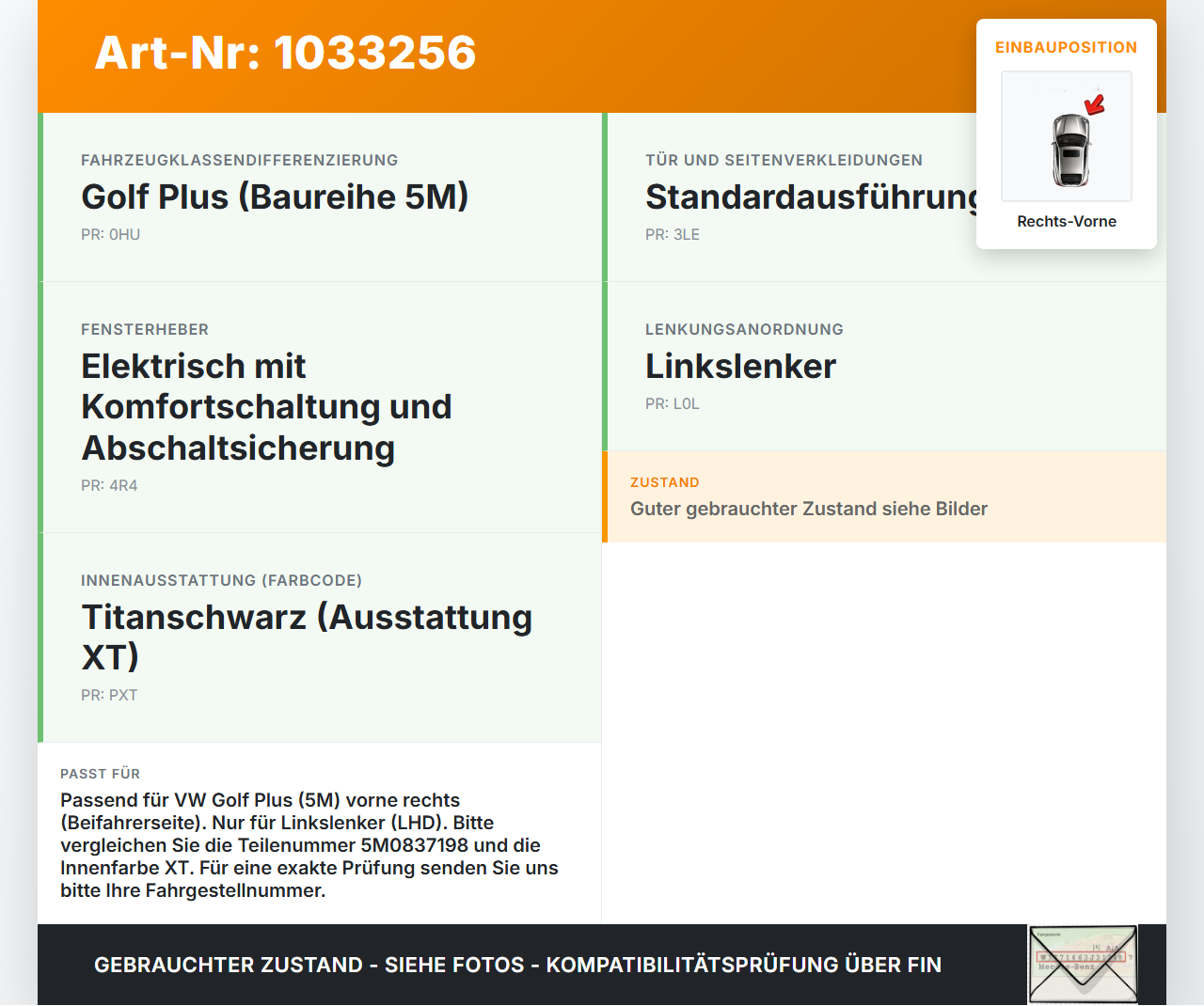VW Golf Plus 5M 08-14 Türgriff Griffmuschel Griff Innen Rechts Vorne VW Golf Plus 5M 08-14 24.07.2009 5M0837198... Vorschau 3