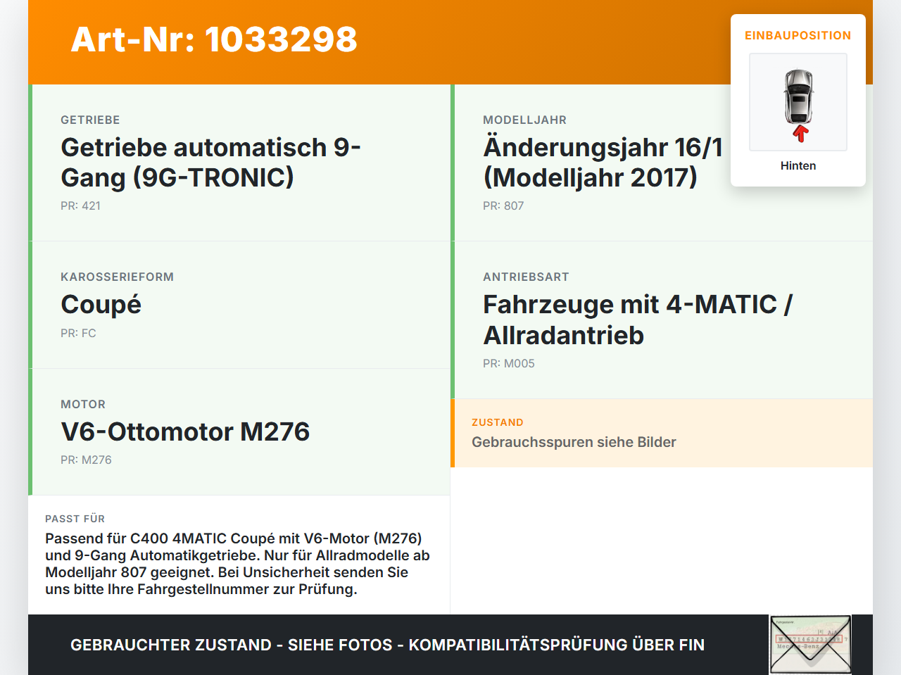 Mercedes C205 C400 15-18 3,0 245KW 4WD Kardanwelle Hinten Mercedes C205 C400 15-18 04.05.2017 A2054102103 gebraucht Vorschau 3