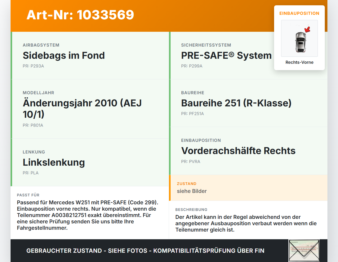 Mercedes W251 R350 10-13 Sensor für Airbag Crashsensor Airbagsensor Rechts Vorne Mercedes W251 R350 10-13... Vorschau 3