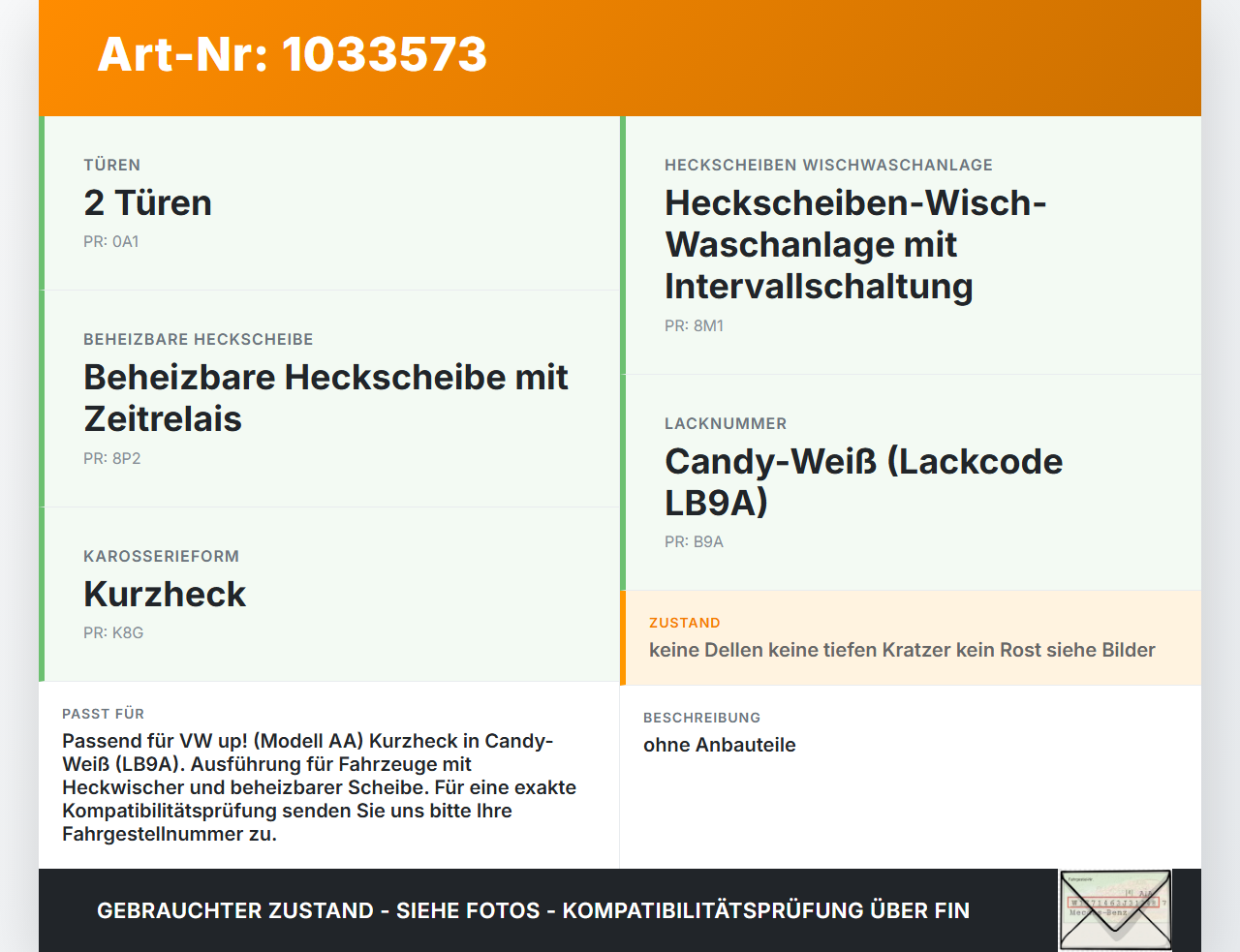 VW UP AA 15-23 Heckklappe Kofferraumdeckel LB9A VW UP AA 15-23 15.08.2014 1S6827025G gebraucht Vorschau 3