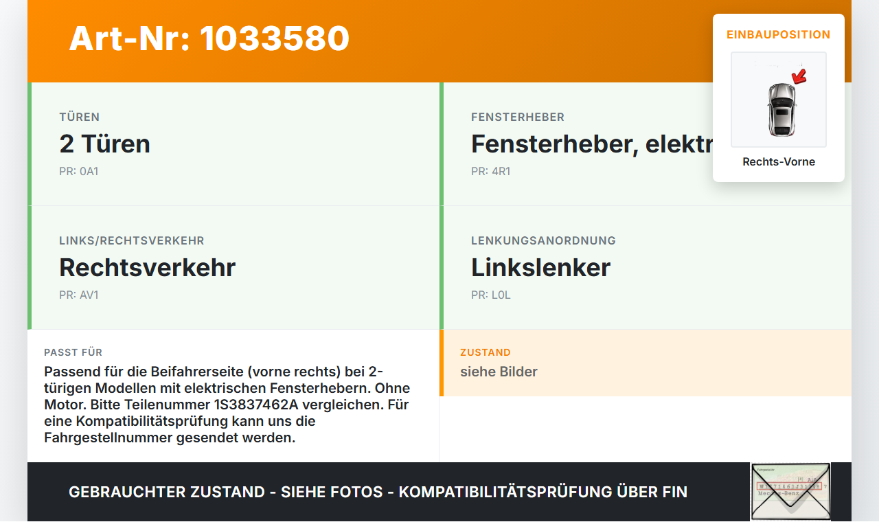 VW UP AA 15-23 Fensterheber o. FH-Motor Rechts Vorne VW UP AA 15-23 15.08.2014 1S3837462A 935360-02 gebraucht Vorschau 3