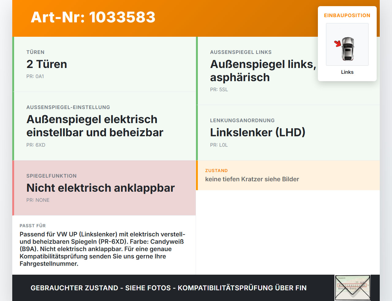 VW UP AA 15-23 Spiegel Aussenspiegel Links VW UP AA 15-23 15.08.2014 1S1857507AH gebraucht Vorschau 3