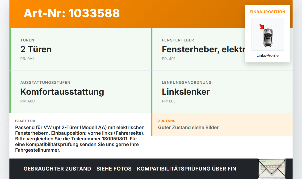 VW UP AA 15-23 Fensterhebermotor Links Vorne VW UP AA 15-23 15.08.2014 1S0959801 6RU959802 402490A gebraucht Vorschau 3