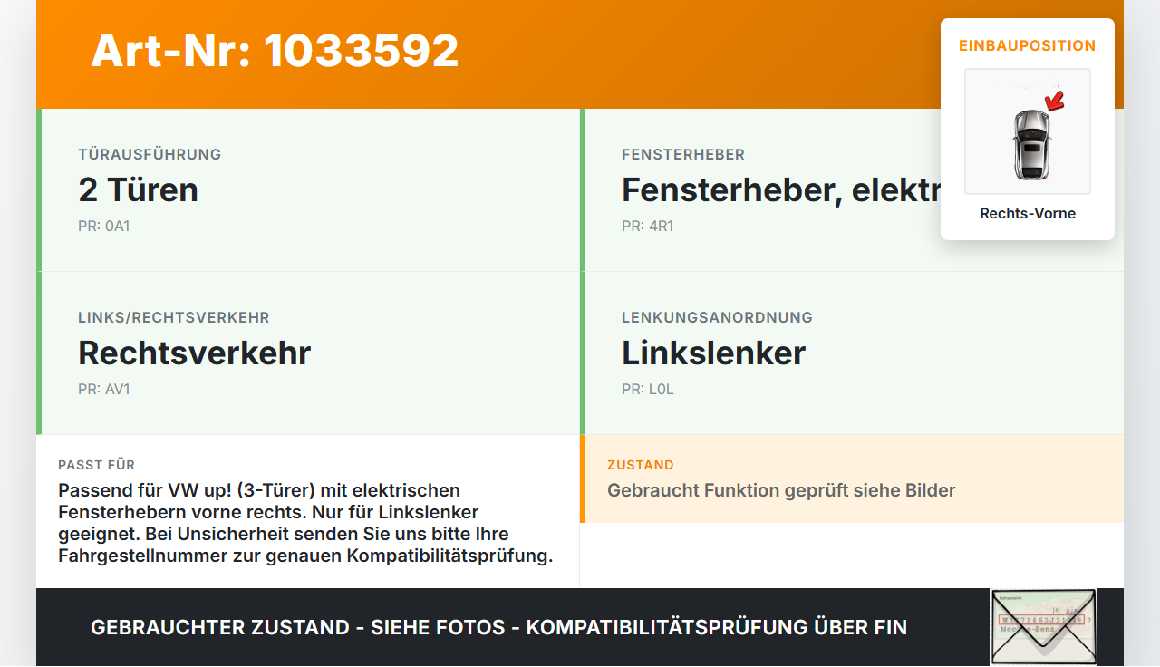 VW UP AA 15-23 Fensterhebermotor Rechts Vorne VW UP AA 15-23 15.08.2014 1S0959802 6RU959801 402491A gebraucht Vorschau 3