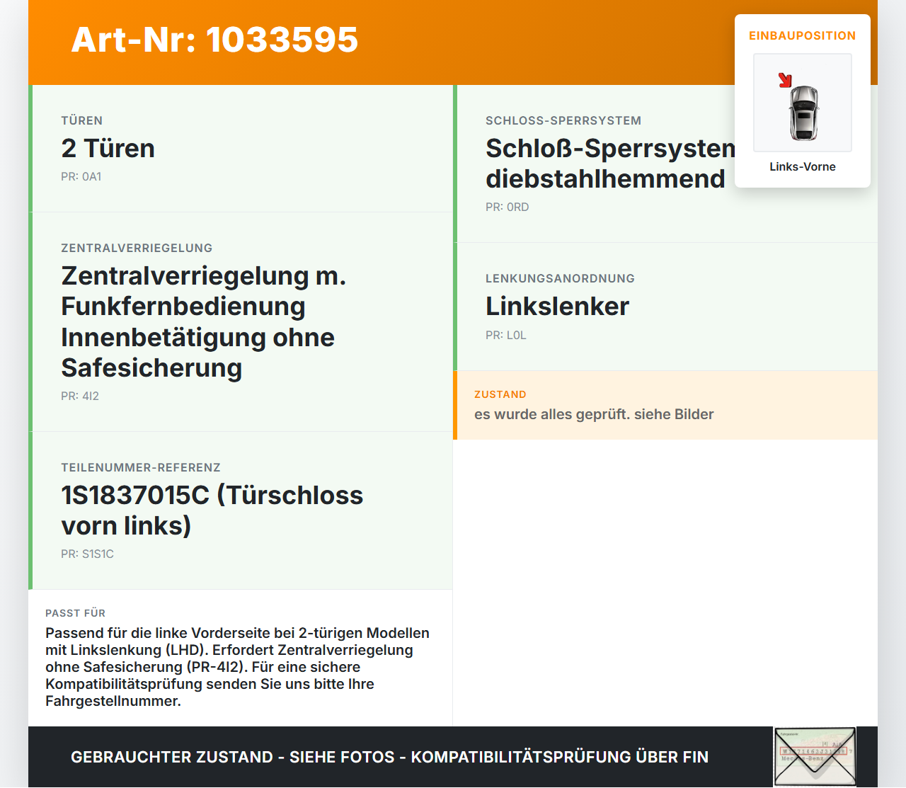 VW UP AA 15-23 Türschloss mit ZV Stellmotor Links Vorne VW UP AA 15-23 15.08.2014 1S1837015C gebraucht Vorschau 3