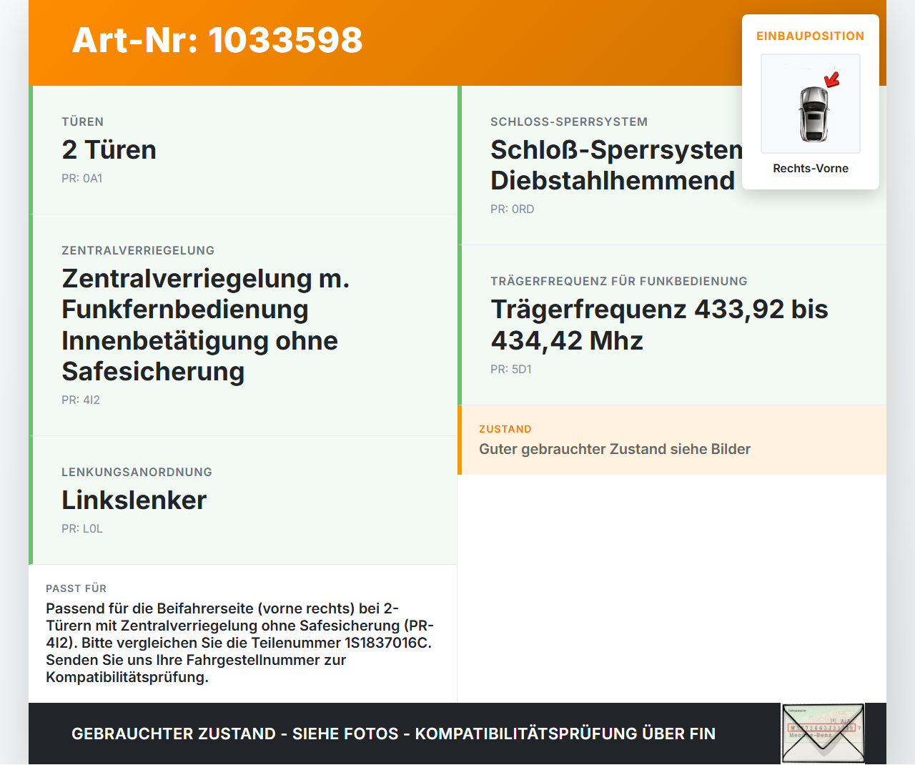 VW UP AA 15-23 Türschloss m. ZV Stellmotor Rechts Vorne VW UP AA 15-23 15.08.2014 1S1837016C gebraucht Vorschau 3