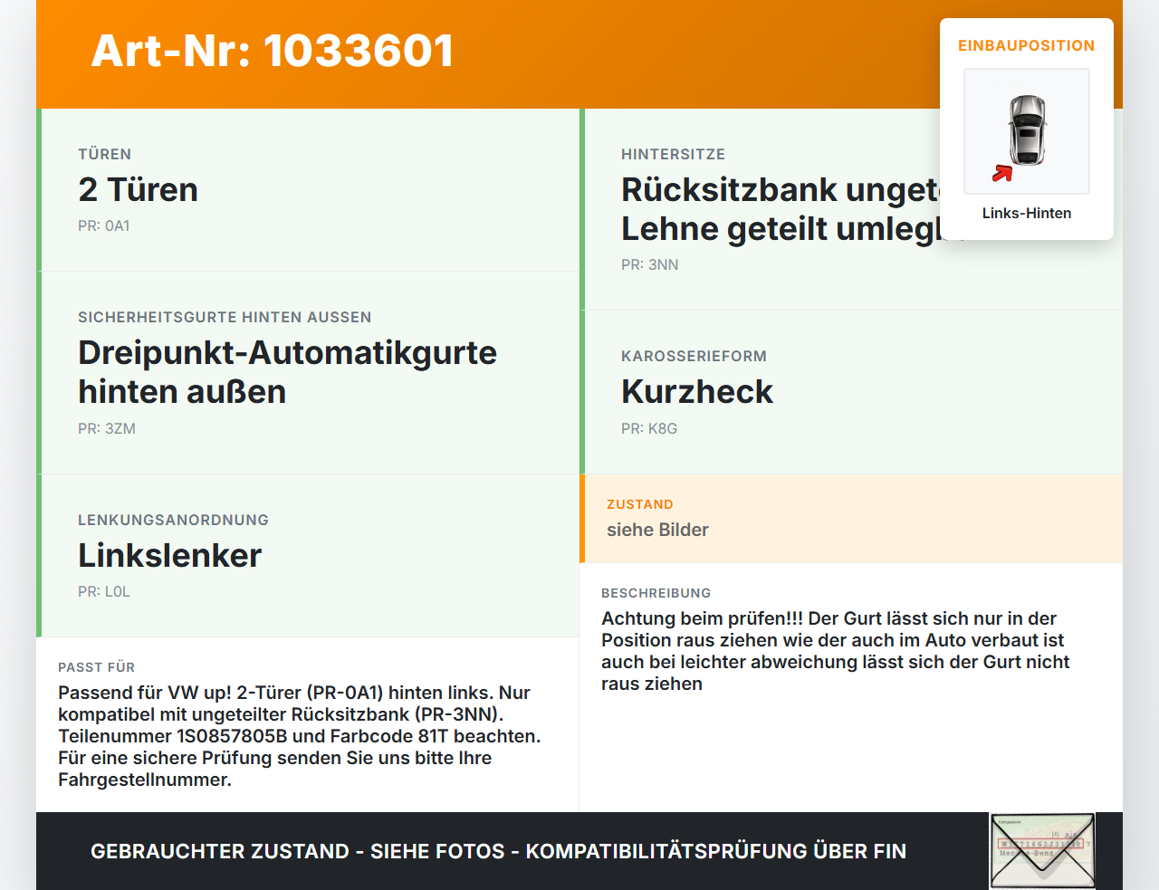 VW UP AA 15-23 Gurt Sicherheitsgurt Links Hinten VW UP AA 15-23 15.08.2014 1S0857805B 1S0857805BRAA gebraucht Vorschau 3