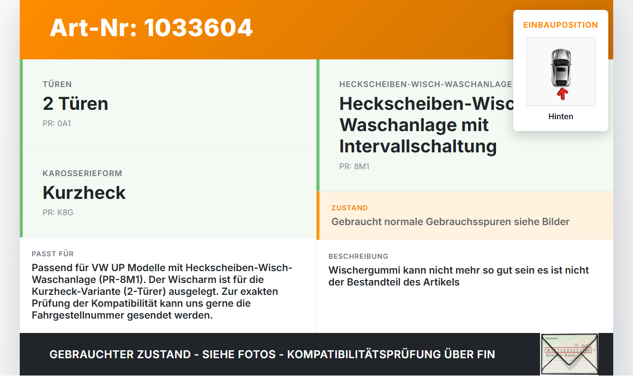 VW UP AA 15-23 Heckwischer Scheibenwischer Hinten Wischarm VW UP AA 15-23 15.08.2014 6R6955707B gebraucht Vorschau 3