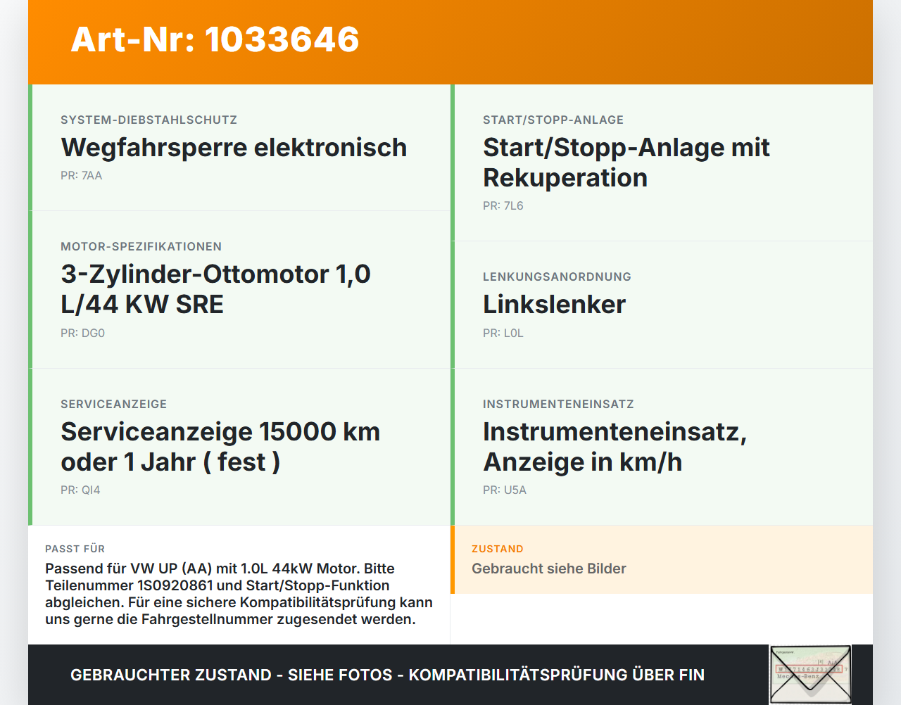 VW UP AA 15-23 1,0 44KW Kombiinstrument Tacho VW UP AA 15-23 15.08.2014 f1S0920861 1S0920861 gebraucht Vorschau 3