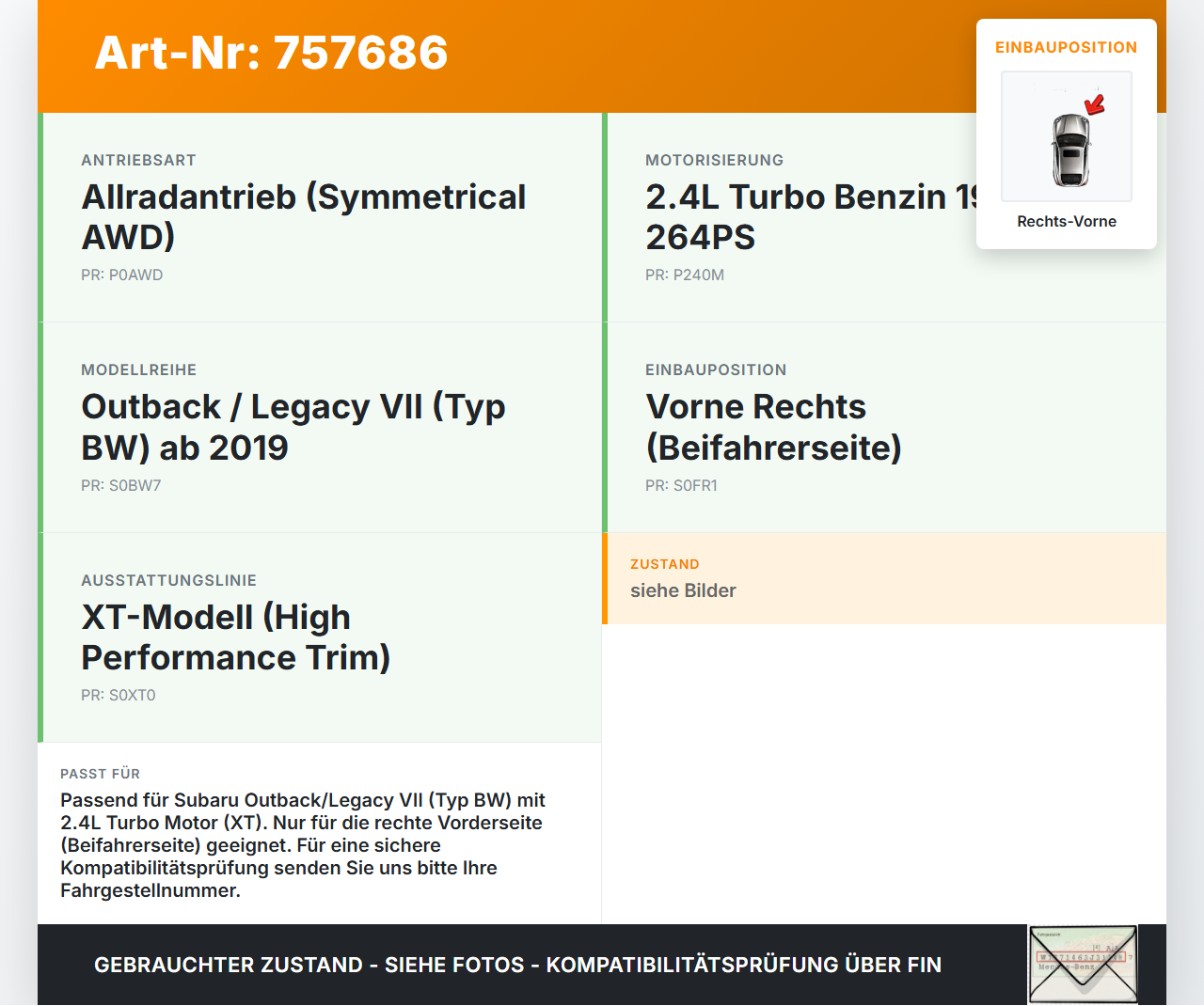 Subaru Outback Legacy 7 VII BW 19-22 2,4 194KW Antriebswelle Gelenkwelle Rechts Vorne Subaru Outback Legacy 7 VII... Vorschau 3