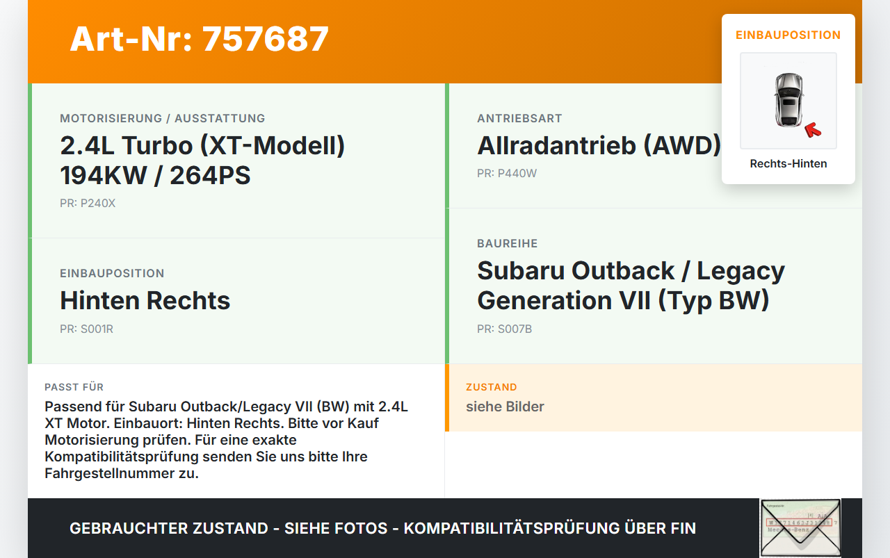 Subaru Outback Legacy 7 VII BW 19-22 Lim 2,4 194KW Antriebswelle Gelenkwelle Rechts Hinten Subaru Outback Legacy 7... Vorschau 3