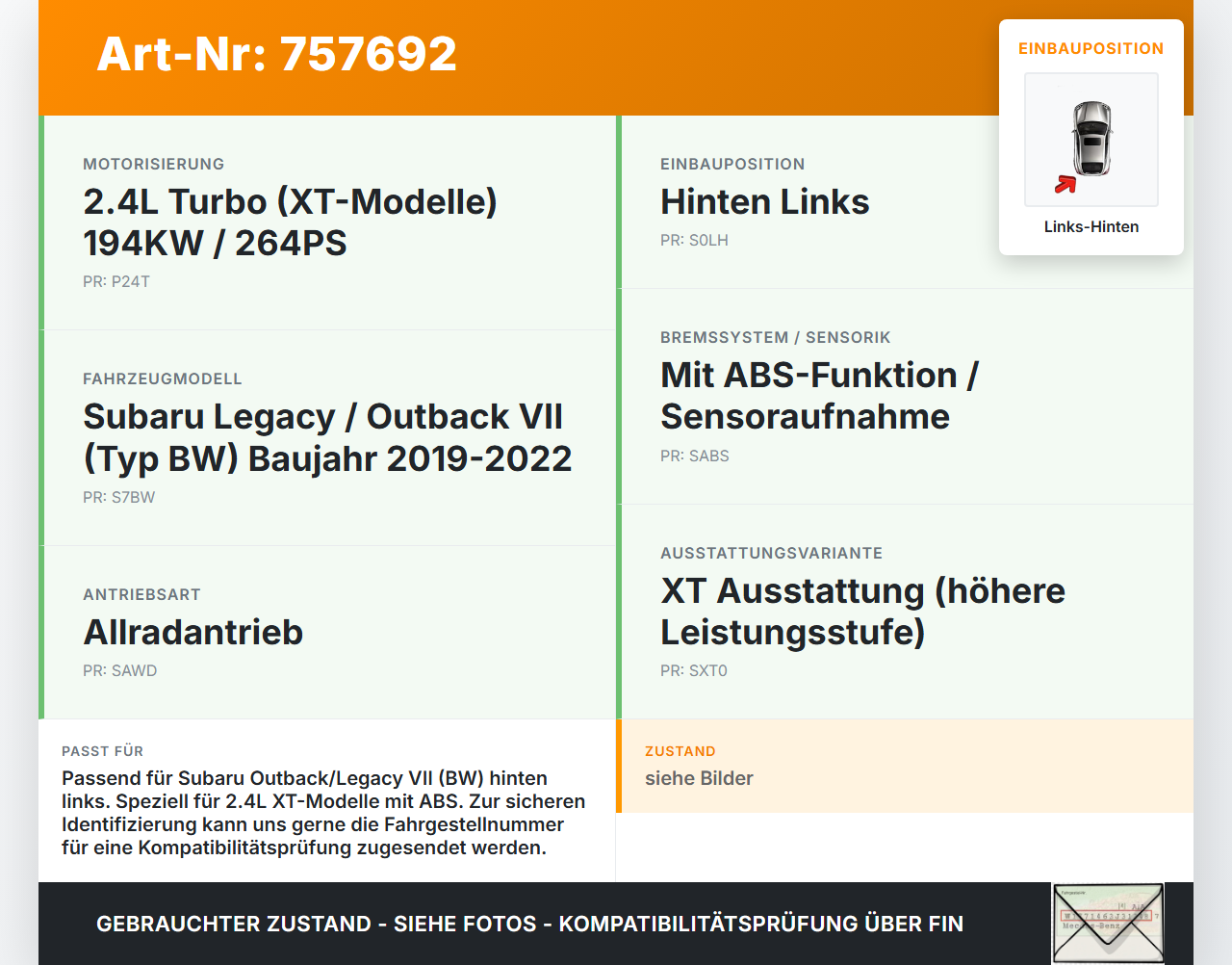 Subaru Outback Legacy 7 VII BW 19-22 Lim 2,4 194KW Achsschenkel Radnabe mit ABS Links Hinten Subaru Outback Legacy... Vorschau 3