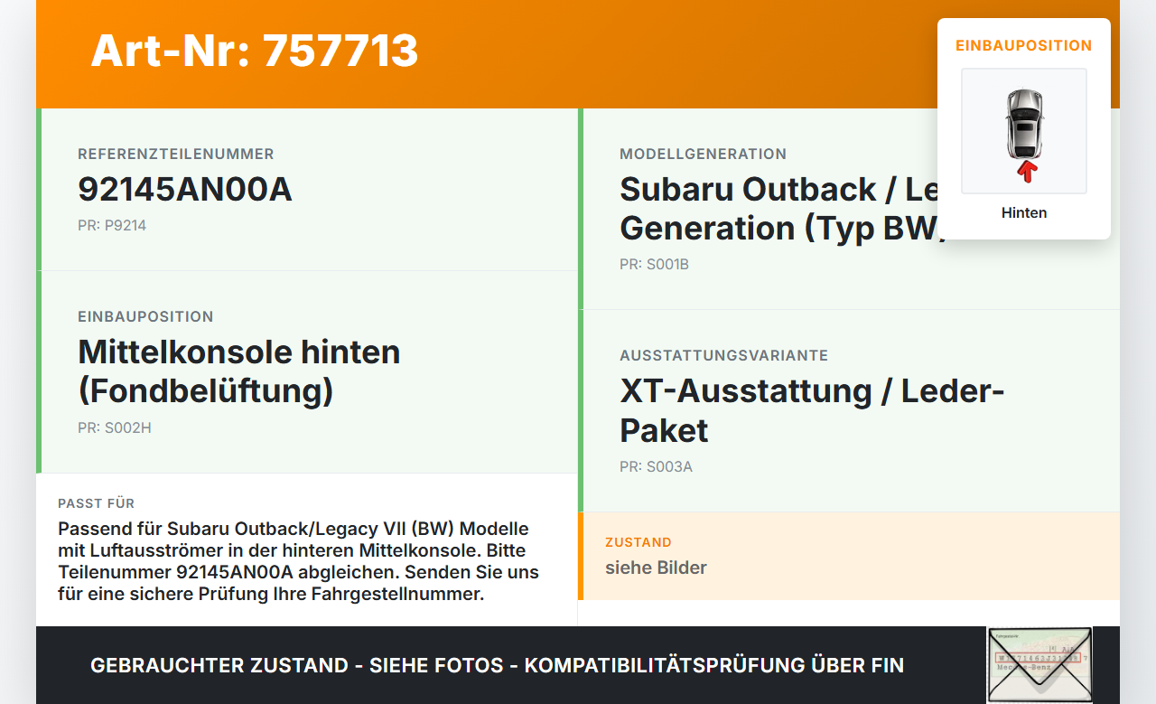 Subaru Outback Legacy 7 VII BW 19-22 Luftdusche Luftdüse Mitte Hinten Subaru Outback Legacy 7 VII BW 19-22... Vorschau 3