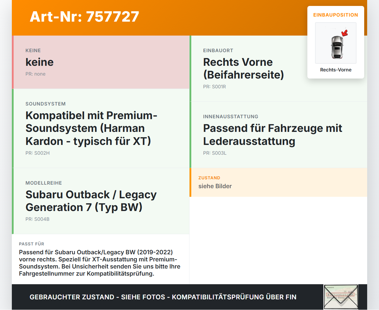 Subaru Outback Legacy 7 VII BW 19-22 Lim Blende Innen Abdeckung für Lautsprecher Rechts Vorne Subaru Outback Legacy... Vorschau 3