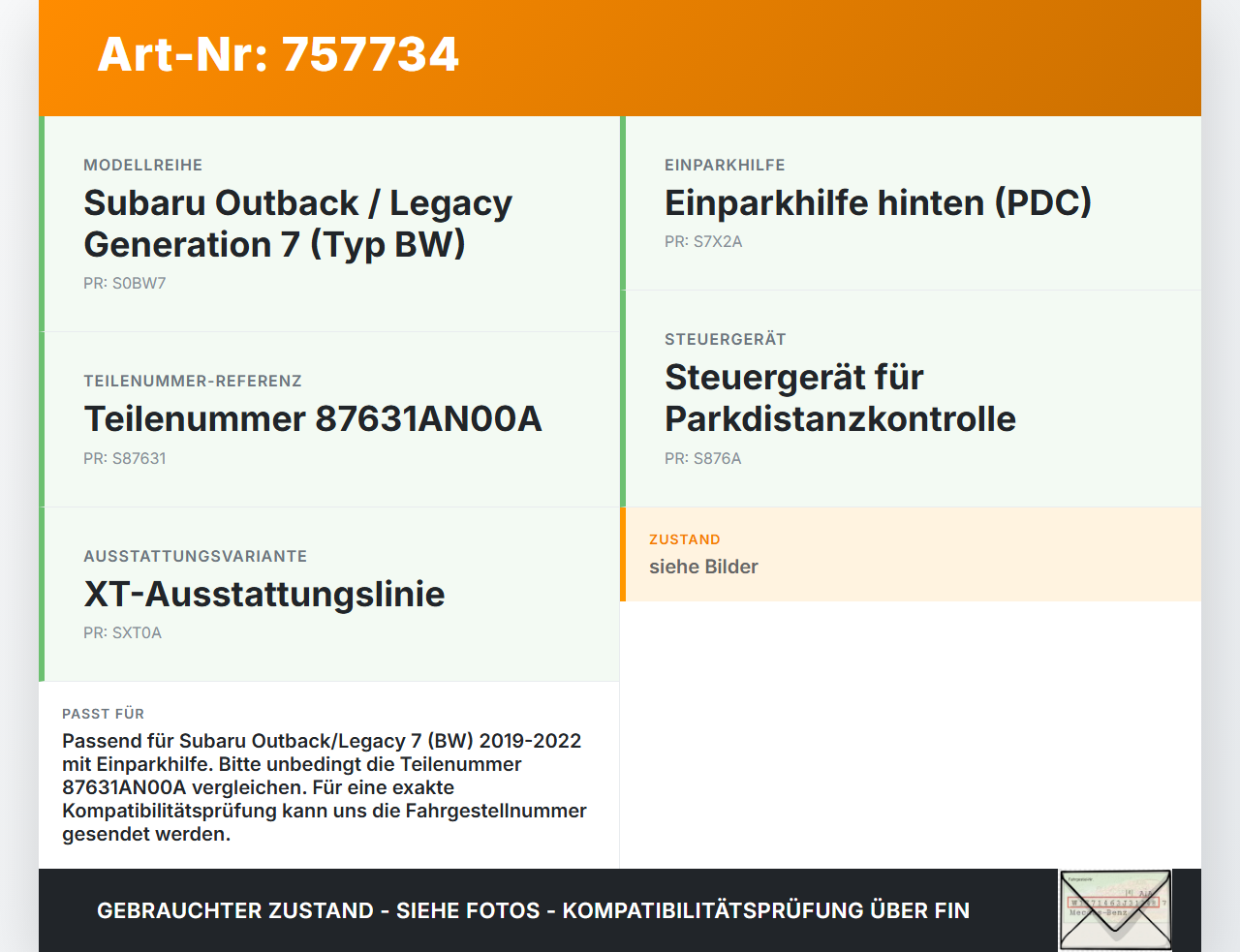Subaru Outback Legacy 7 VII BW 19-22 Steuergerät ECU Modul PDC SG Einparkhilfe Subaru Outback Legacy 7 VII BW 19-22... Vorschau 3
