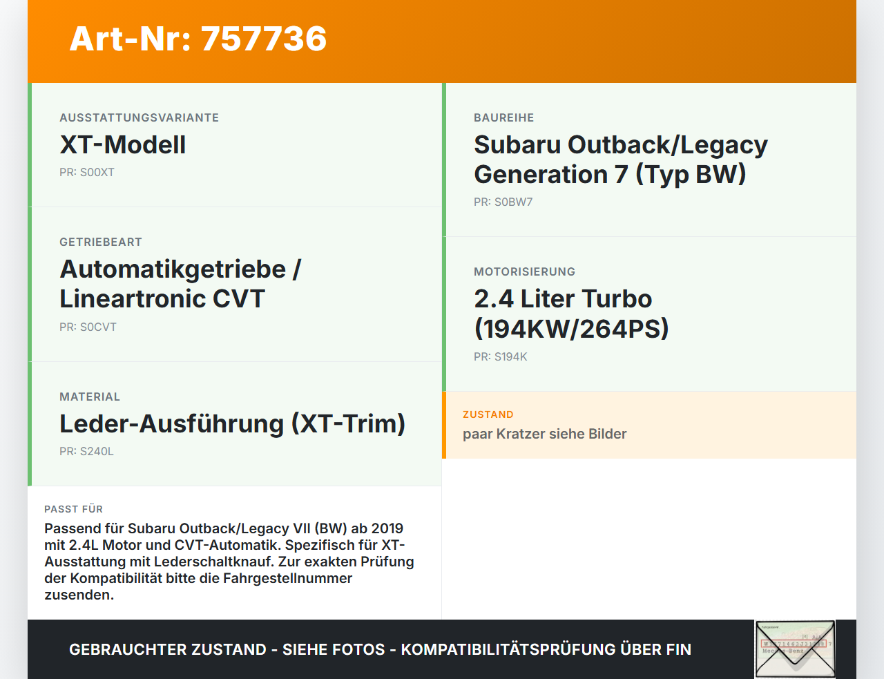 Subaru Outback Legacy 7 VII BW 19-22 2,4 194KW Schaltknauf für Schalthebel Gangschalter Subaru Outback Legacy 7 VII... Vorschau 3